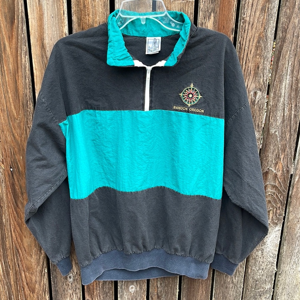 Bandon Oregon Pullover Top Large Black Teal Quarter Zip Lightweight 90s Vintage